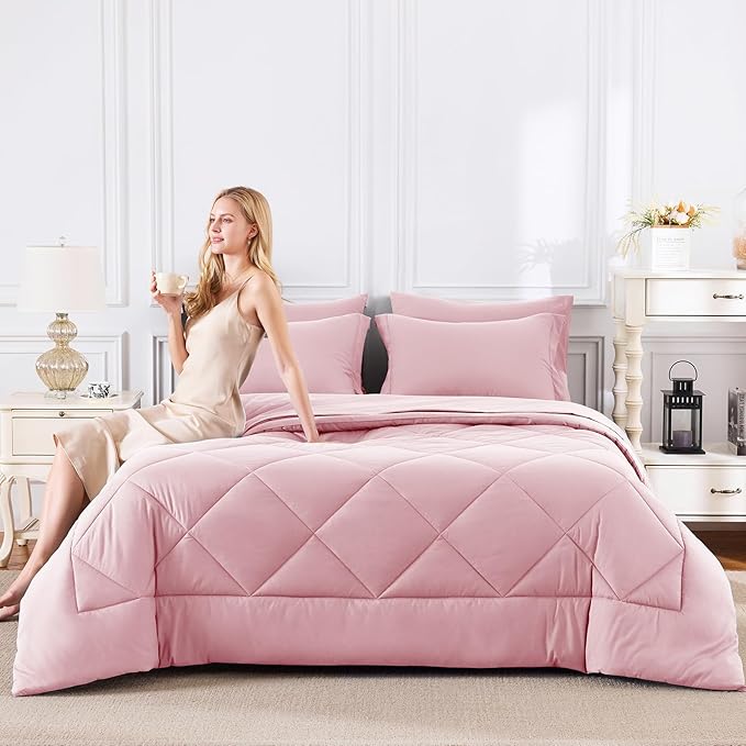 CozyLux Full Size Comforter Sets Pink - 7 Pieces Bed in a Bag Full, Luxury Soft Bed Set for All Seasons, Bedding Set with Down Alternative Comforter, Sheets, Pillowcases & Shams