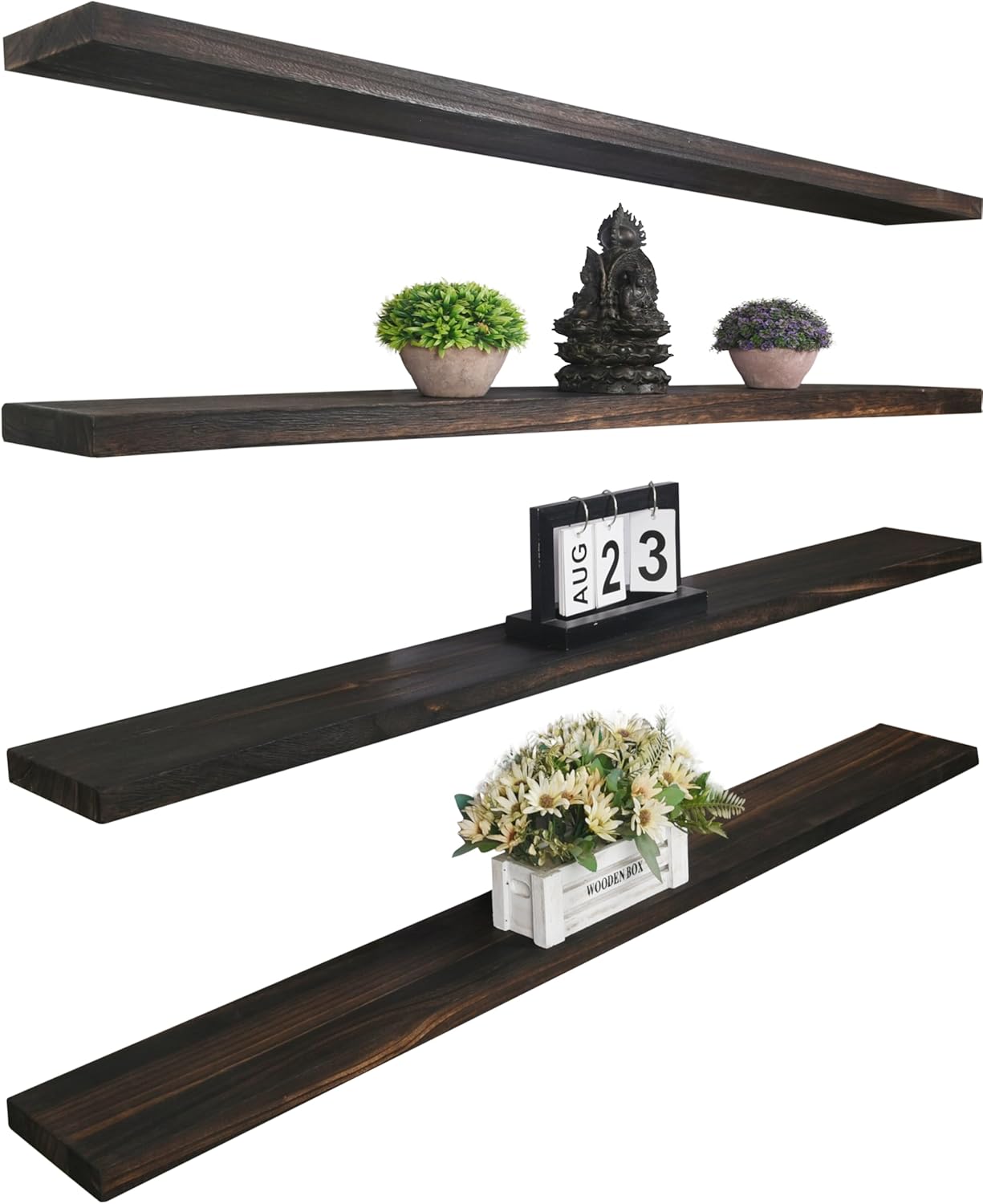 Wood Floating Shelves for Wall Decor, Rustic Wall Shelves for Bedroom Bathroom Kitchen Living Room, Set of 4 Walnut 48 Inch - Décor Diaries