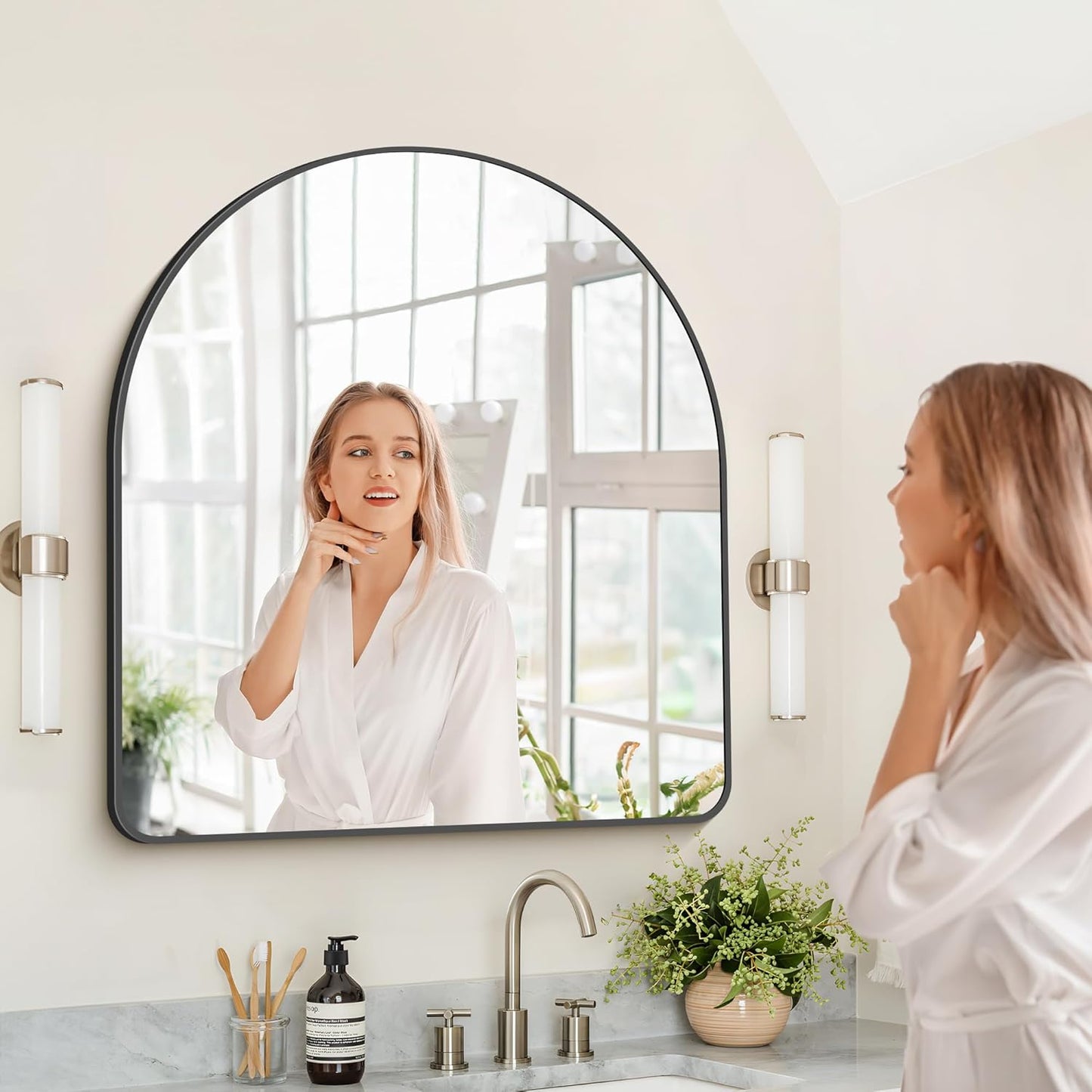 Arched Bathroom Mirror, 36"x40" Black Arched Mirror for Bathroom, Wall Mounted Mirror, Black Vanity Wall Mirror w/Metal Frame for Bedroom, Entryway, Living Room, Vertically Hanging