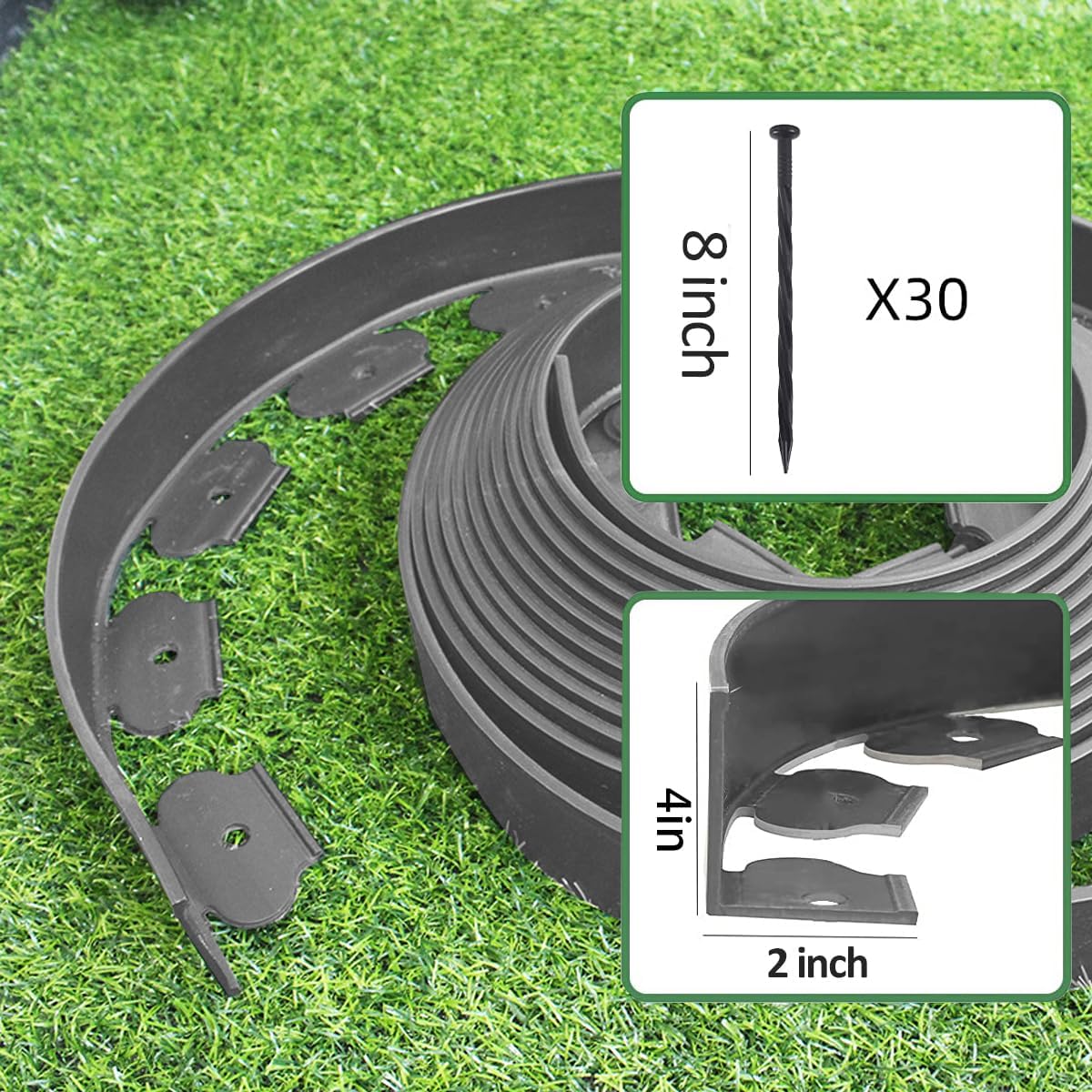 33FT Landscape Edging, 4 in Tall Garden Edging Borders with 30 Spikes,Flexible Lawn Edging Kit Plastic Mini Fence Borders for Grass Flower Beds, Pavement,Yard -Grey