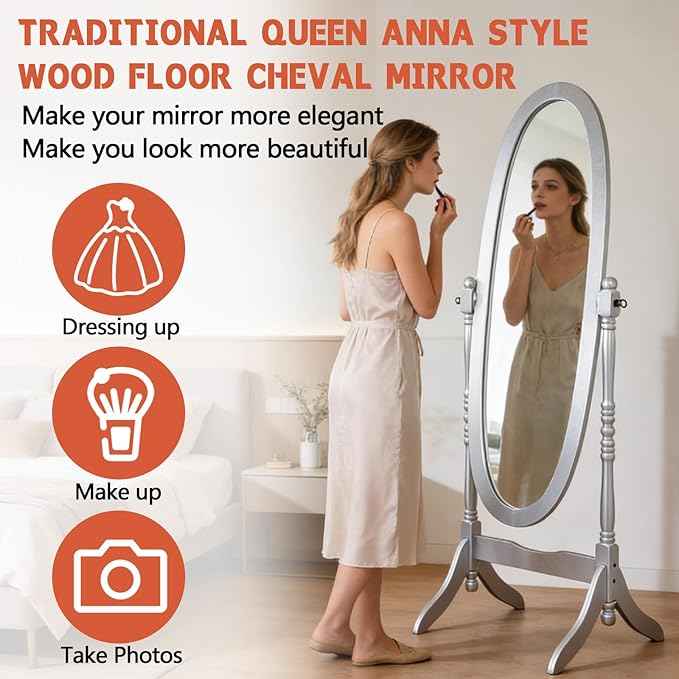 Full Length Mirror with Stand, Swivel Adjustable Oval Wood Cheval Floor Mirror, Dressing Cheval Mirror for Bedroom Livingroom, Interior Gift Idea (Silver)