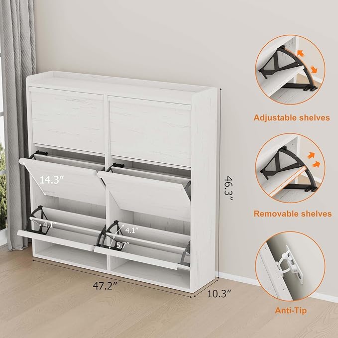GarveeHome Shoe Cabinet with 6 Flip Drawers, Wooden Shoe Organizer Cabinet with Adjustable Shelf, Shoe Storage for Entryway, Hidden Shoe Cabinet for Hallway, Living Room, White
