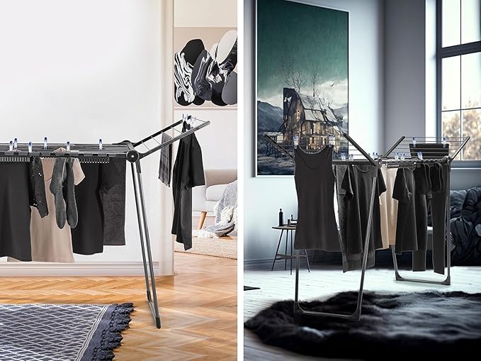 Leifheit Pegasus 150 Solid Slim Black Edition Clothes Airer, Stable Tumble Dryer, Long Wings, Particularly Compact Wing Balcony Airer That Goes Through Narrow Doors