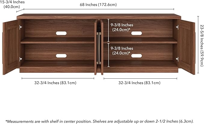 Henn&Hart TV Stand for TVs up to 75'' with 2 Concealed Storage Cabinets and Adjustable Shelves for Living Room, Family Room, or Office, Medium Walnut