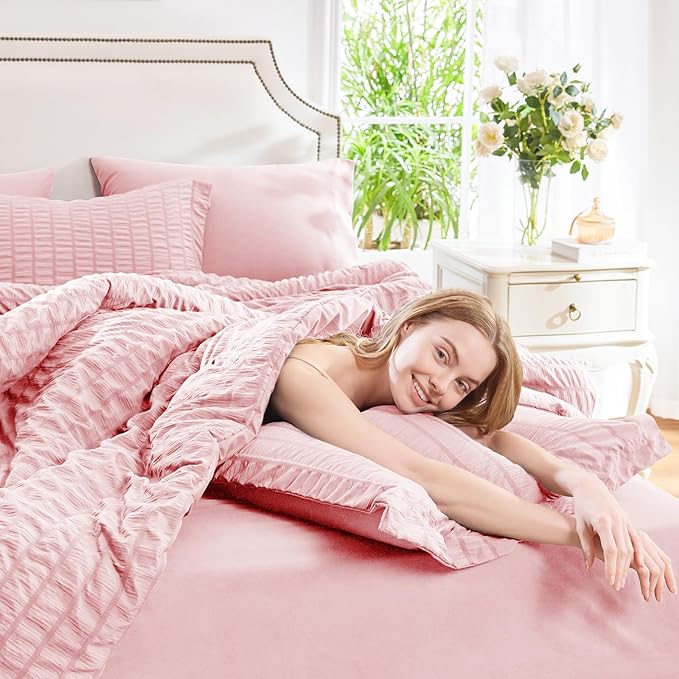 CozyLux King Size Comforter Set Pink Seersucker 7 Pieces Bed in a Bag King Comforter Set with Sheets, Luxury Bedding Sets with Down Alternative Comforter, Sheets, Pillowcases & Shams All Seasons