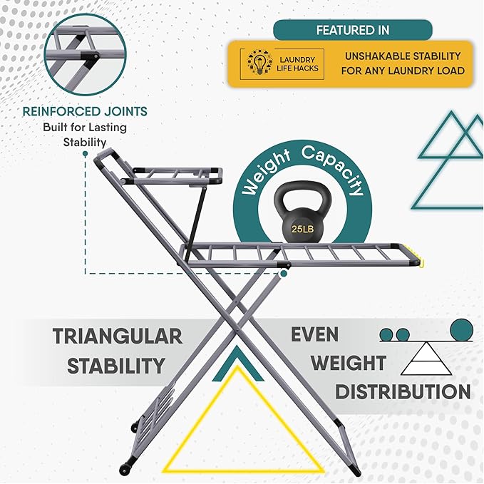 XABITAT Clothes Drying Rack with Shoe Dryer, No Assembly, Metal Construction, Non-Slip Feet, 2 Level with Hooks, Hidden Wheels, Foldable, Portable, Ideal for Laundry Room, Indoor & Outdoor