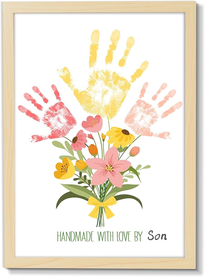QOUBAI Flower Bouquet Handprint Art Craft DIY Kit Mother's Day Gifts from Daughter or Son Children Adults Handprint Keepsake for Mom Grandma Birthday Gifts Christmas (12X16in, with Wood Frame)
