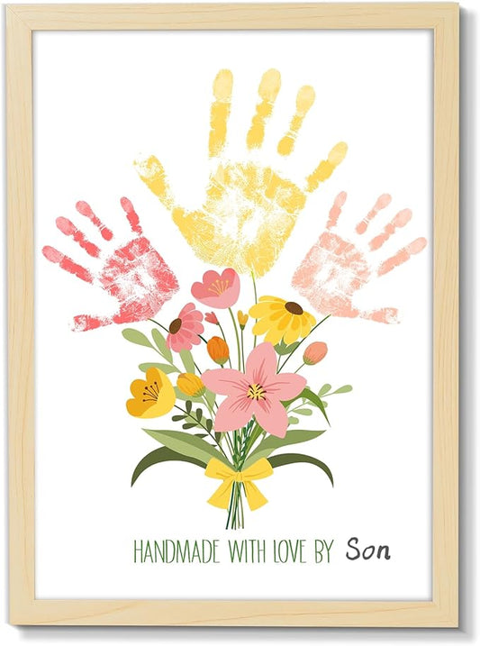 QOUBAI Flower Bouquet Handprint Art Craft DIY Kit Mother's Day Gifts from Daughter or Son Children Adults Handprint Keepsake for Mom Grandma Birthday Gifts Christmas (12X16in, with Wood Frame)