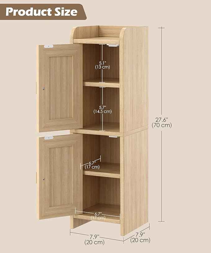Rattan Small Bathroom Cabinet with 2 Doors, 7.9''D x 7.9''W Narrow Toilet Paper Storage Cabinet, Bathroom Organizer for Small Spaces, Wooden Slim Corner Unit with Adjustable Shelf, Natural Oak