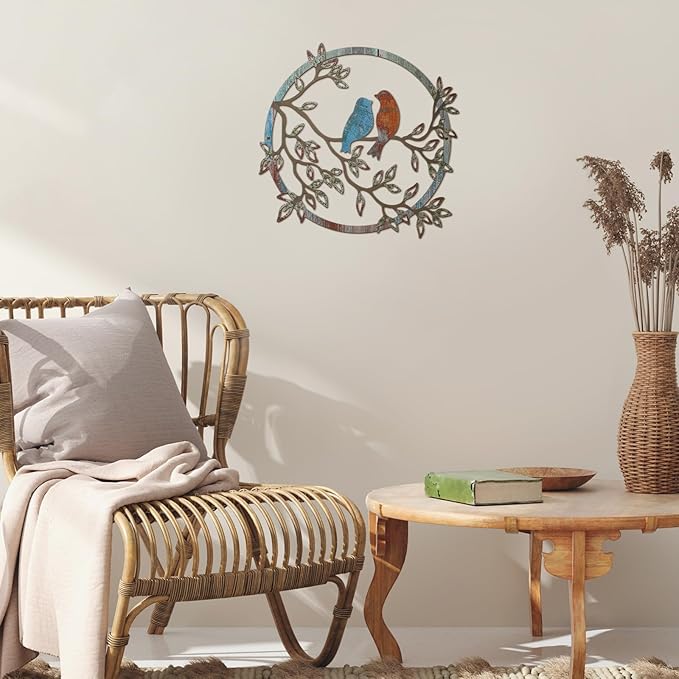 Ferraycle Metal Wall Art Bird on Tree Branch Silhouette Bird Art Decor for Living Room Garden Bedroom Office Home Wall Housewarming Party Decor(Retro Color)