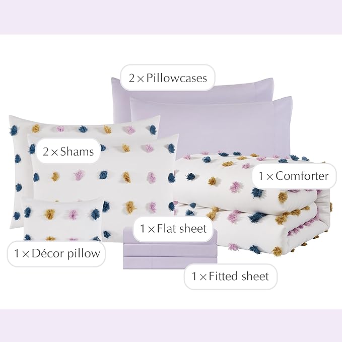 Geniospin Full Comforter Set, 7 Pieces Ball Pom Comforter Sets, Colored Pom Bed in a Bag Full, All Season Down Alternative Bedding Set, Lightweight, Warm and Breathable