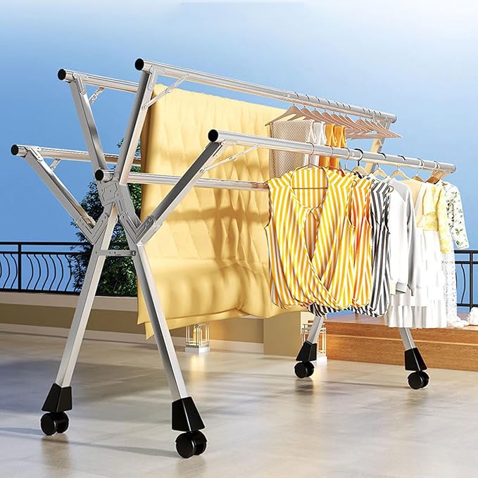 5Poles Clothes Drying Rack, Portable Drying Rack Clothing, Blanket Rack Clothesline with 20 Windproof Hooks for Indoor/Outdoor Use