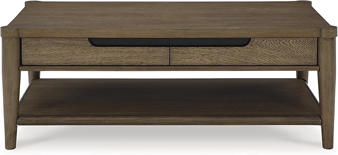 Signature Design by Ashley Roanhowe Contemporary 2-Drawer Coffee Table with Open Lower Shelf and Tapered Legs, Dark Brown