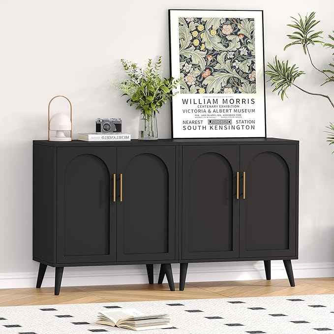 Rovaurx Set of 2 Storage Cabinet with 4 Doors, Modern Accent Bathroom Floor Cabinet, Buffet Cabinet Sideboard with Adjustable Shelves for Living Room, Entryway, Dining Room and Kitchen, Black