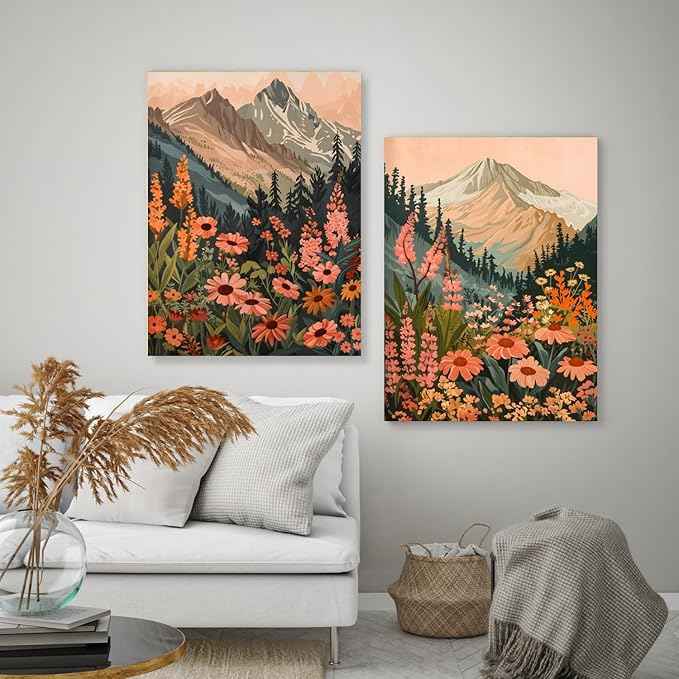 Cyebmo Framed Mountain Wildflower Wall Art Set of 3, Sunset Daisy Flower Wall Decor, Colorful Wildflower Canvas Painting, Nature Botanical Landscape Artwork for Bedroom Living Room 12x16 Inch