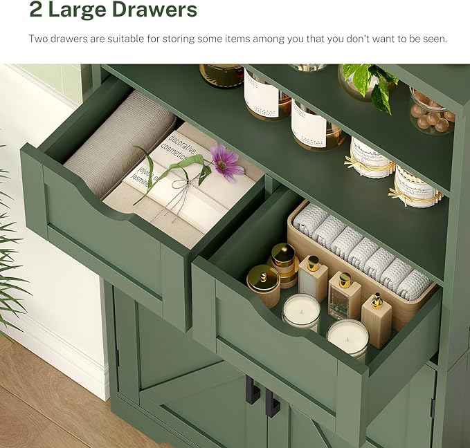 TEENFON Bathroom Cabinet with Adjustable Shelf & 2 Drawers, Farmhouse Storage Cabinet with 2 Doors, Kitchen Storage Cabinets for Living Room, Entryway, Home Office, Forest Green