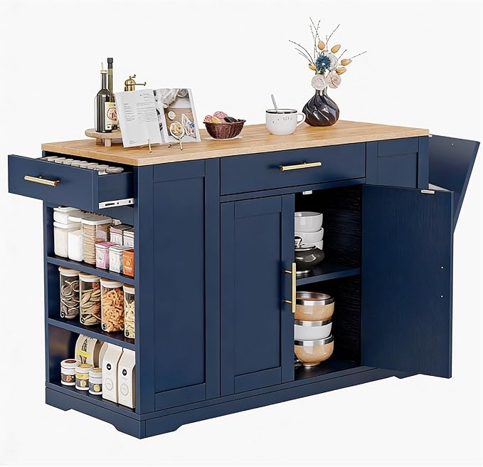 YITAHOME 53 inch Large Rolling Kitchen Island with Trash Can Storage Cabinet, Portable Mobile Islands Table Long Floating Movable w Wheels Cabinet for 13 Gallon Garbage Bin 2 Drawer, Navy Blue