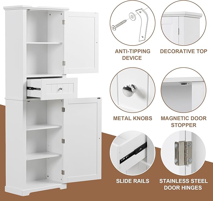 Favfurish 68" Tall Bathroom Storage Cabinet with Doors and Drawer, Modern Linen Cabinets w/Adjustable Shelf & Anti-Toppling Device, Freestanding Cabinet for Bathrooms,Living Room, Entryway,White