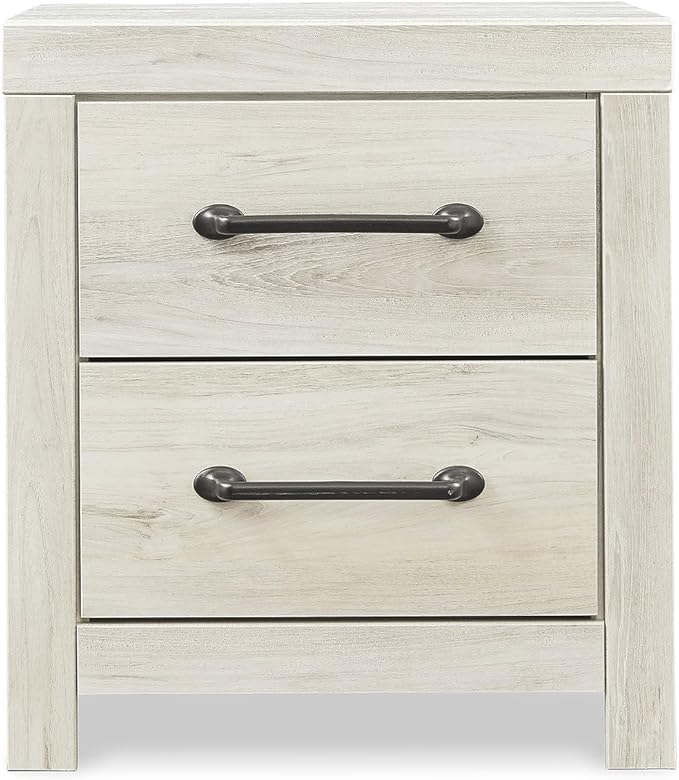 Signature Design by Ashley Cambeck Farmhouse Industrial 2 Drawer Two Drawer Nightstand with 2 Slim-Profile USB Charging Stations, 24.37" Tall, Whitewash