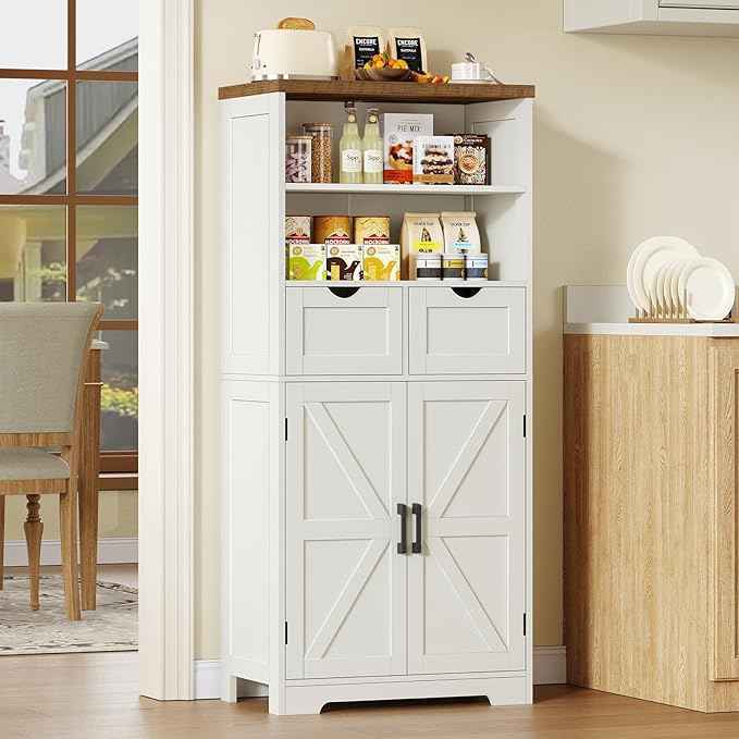 TEENFON Storage Cabinet with Doors & 2 Drawers, Kitchen Cabinet with Adjustable Shelf, Pantry Cabinets, Bathroom Cabinets, for Living Room, Entryway, Home Office, White