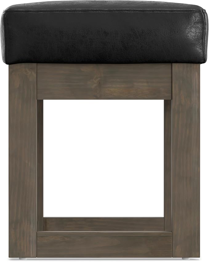 SIMPLIHOME Milltown Small Ottoman Bench - 27 inch Wide Upholstered Vegan Leather Rectangle Footstool Ottoman in Distressed Black, Contemporary Bench for Bedroom with Cushioned Seat, Assembled