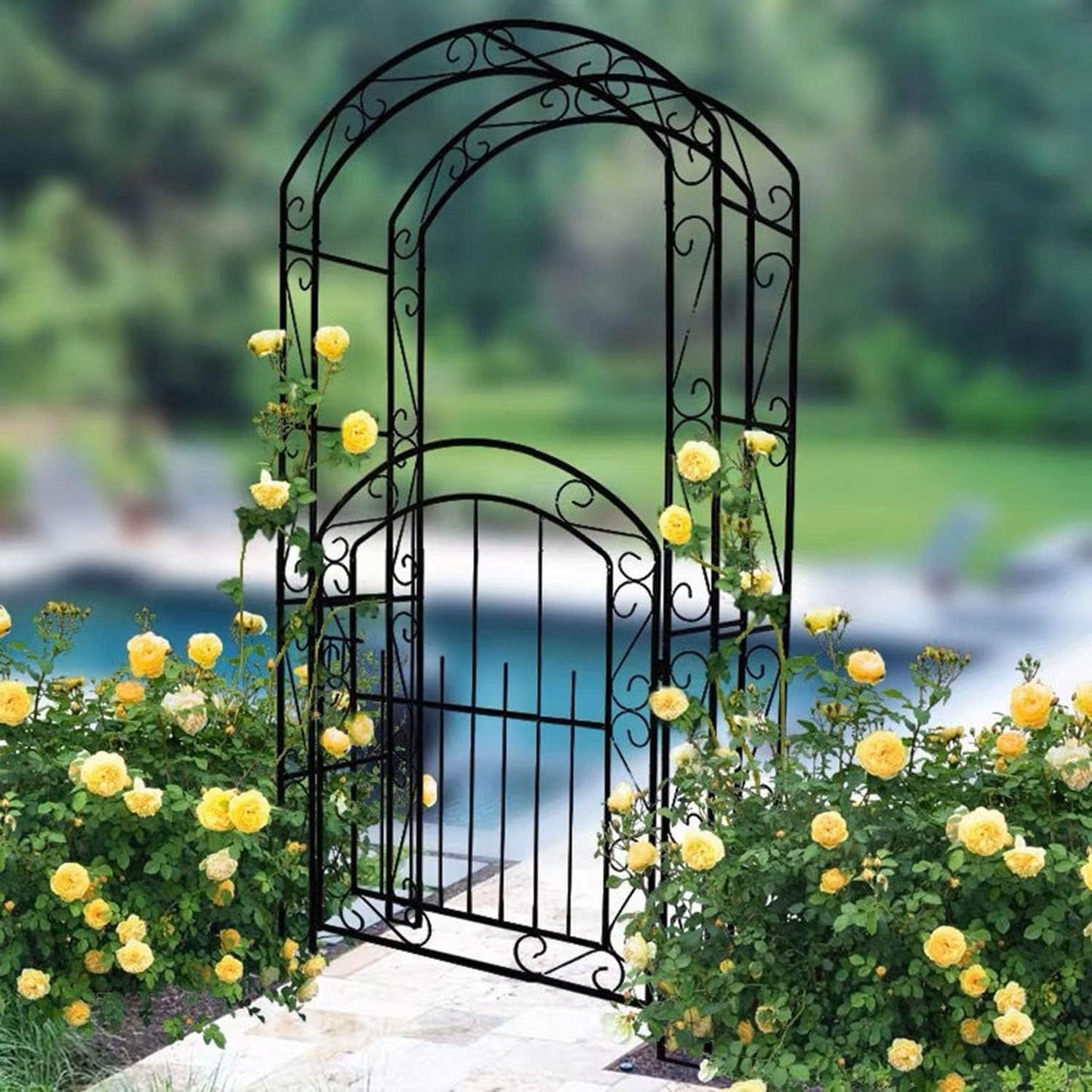 Steel Garden Arch with Gate, Garden Arbor for Various Climbing Plant, Metal Archway Trellis Pergola for Outdoor Garden Lawn Backyard Easy-to-Assemble Stereoscopic Garden Decorations