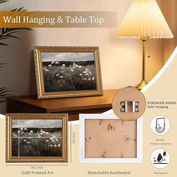 uniro Vintage Gold Framed Wall Art for Home Decor, Moody Wildflower Landscape Oil Painting Bathroom Wall Decor, Classic Dark Autumn Vintage Art Prints, Landscape Wall decor Aesthetic Picture for Bedroom Gallery Office Desktop d ecor- 12x16Inch