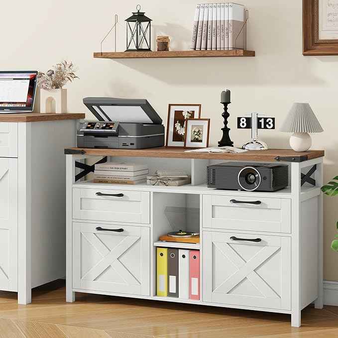Vabches Farmhouse Filing Cabinet with Adjustable Shelf for Home Office, Lateral File Cabinets 4 Drawers with Open Storage Shelf, Filing Organization Storage Cabinets for Hanging Files Letter/A4