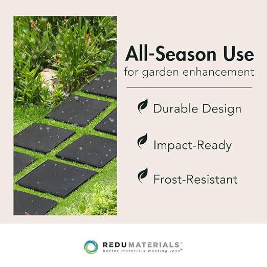 TierraVerde 10-Pack 12”x12” Fake Stomp Rubber Stepping Stones, Square, Black – Reversible Non-Slip Outdoor Faux Decorative Set for Landscaping – DIY Decor for Walkways & Yard Pathways