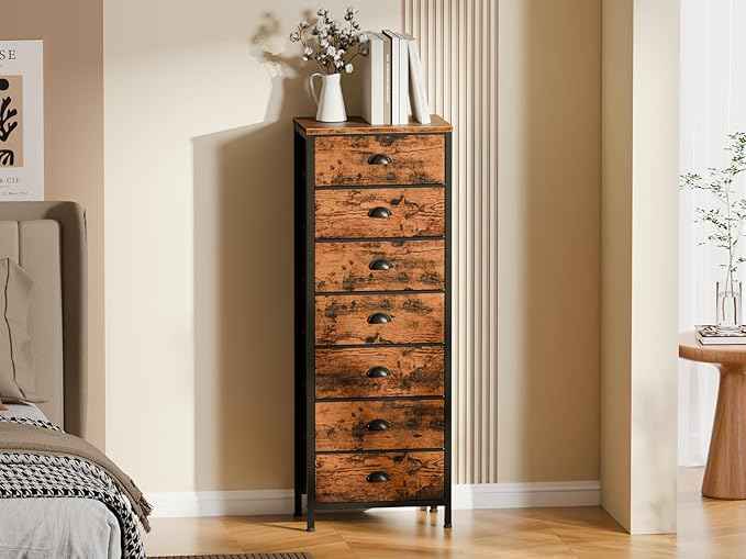 Furnulem Bedroom Dresser with 7 Drawers,Tall Industrial Fabric Chest of Drawers, Vertical Storage Tower Bedside Furniture in Living Room,Closet,Entryway-Sturdy Steel Frame(Rustic Brown)