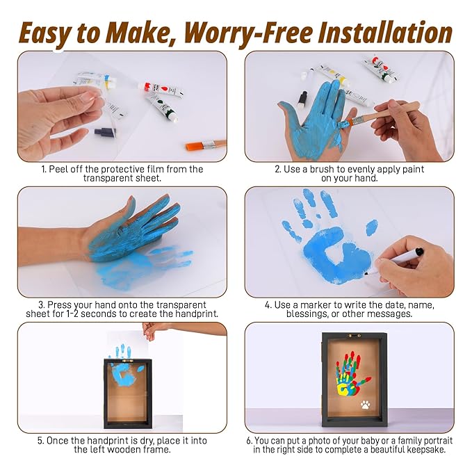 Family Handprint Kit with Light, 5 Non-Toxic Paints, Hand Prints Ornament Keepsake Frame for 4, DIY Craft Gift for New Parents & Mom & Baby, Grandparents, Mother's Day, Father's Day