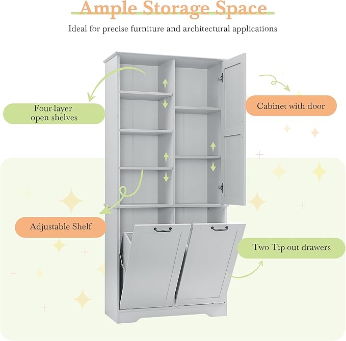 68" Tall Bathroom Storage Cabinet with Two Doors and Two Laundry Hampers for Home Display Organizer, Adjustable Shelf, Gray