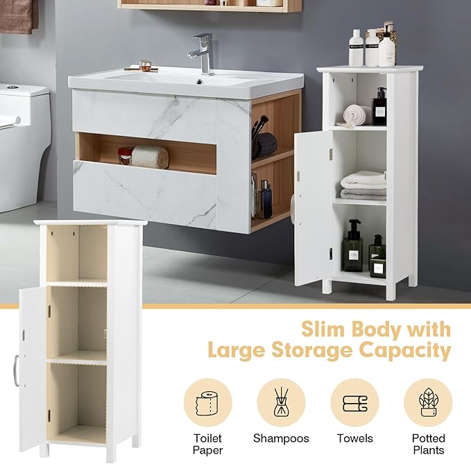 COSTWAY Bathroom Storage Cabinet, Freestanding Narrow Storage Organizer with Open Shelf & Adjustable Shelf, Small Slim Floor Cabinet for Bathroom, Living Room, Entryway, Office, White