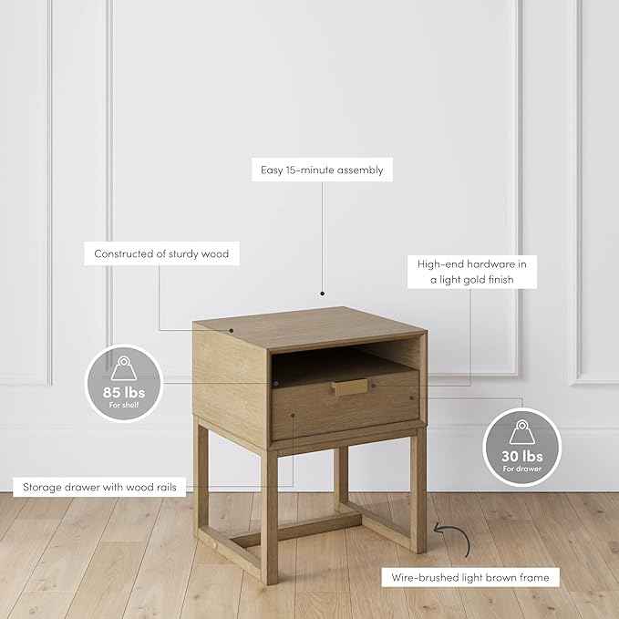 Nathan James Harper Modern Nightstand Side Accent or End Table with Storage Drawer, Set of 2, Light Brown