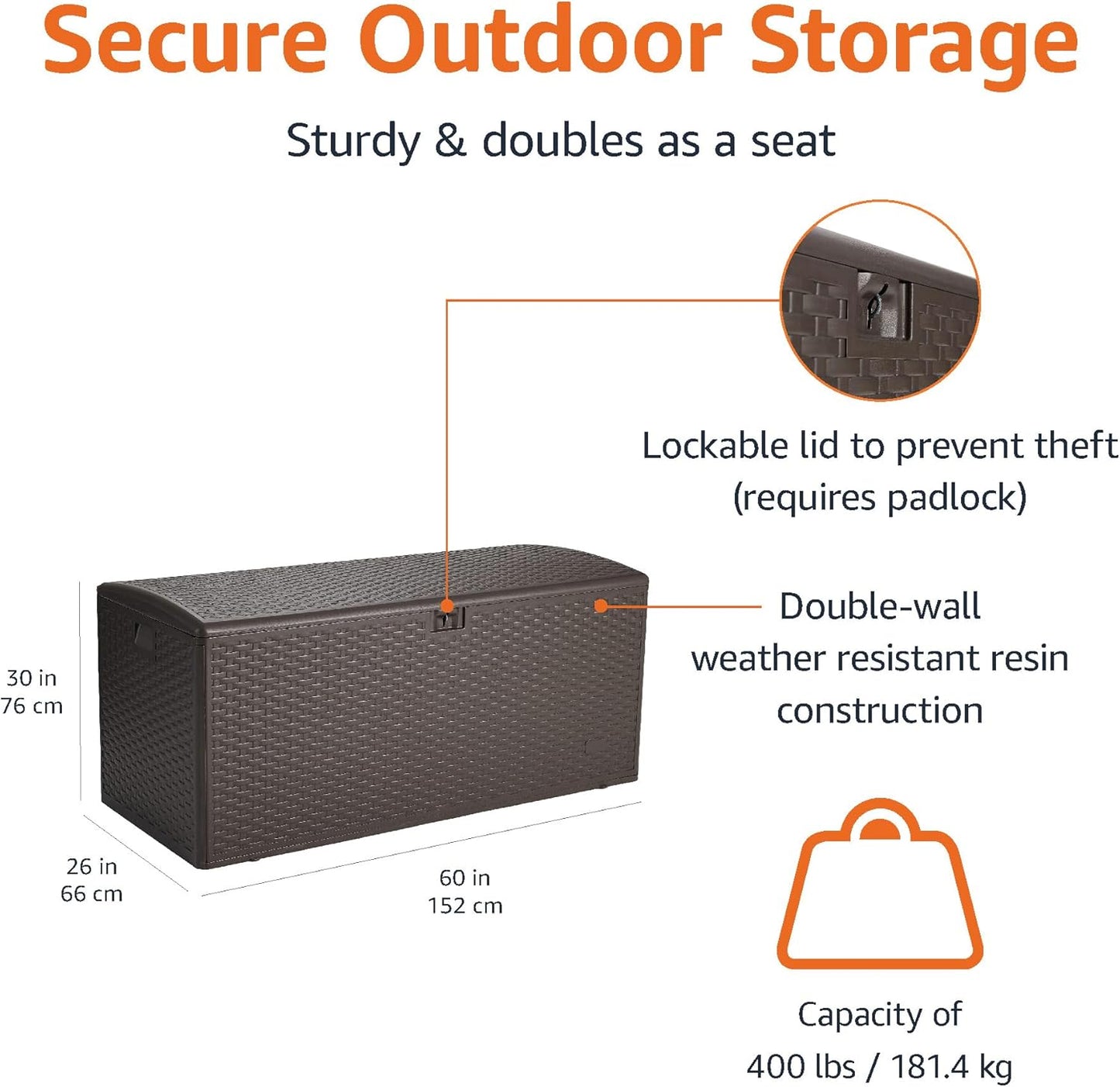 Amazon Basics Outdoor Patio Storage Box 150 Gallon Deck Box, Waterproof and Weather-resistant, Furniture Cushions Garden Tools, Brown