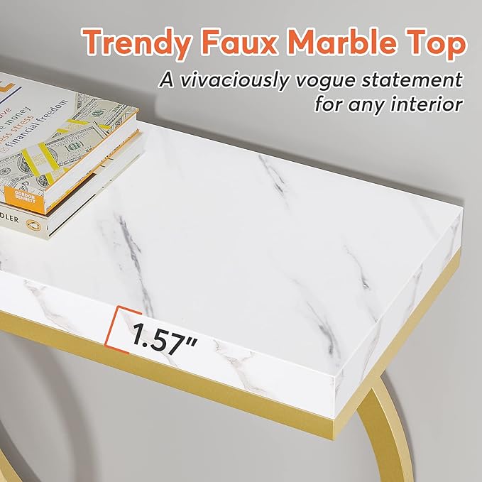 Tribesigns Gold Console Table, 55 inch Modern Entryway Table with Geometric Metal Frame, Faux Marble Narrow Long Sofa Table for Living Room, Entrance, Hallway, White and Gold
