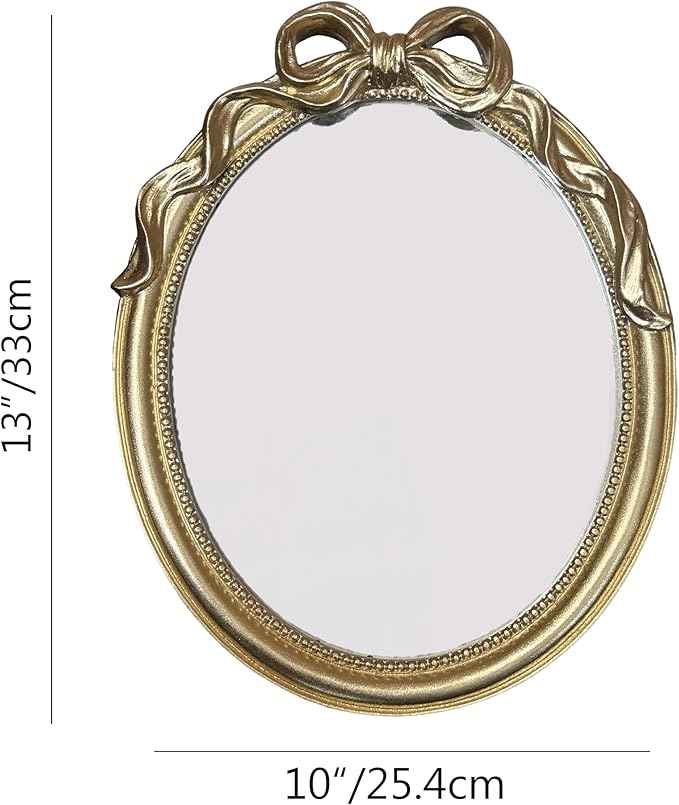 Vintage Vanity Desk Mirror - 13x10 Inch Wall-Mounted & Tabletop Decorative Ornate Gold Accent Retro Makeup Mirror for Bedroom Dresser Bathroom Living Room Dorm Oval
