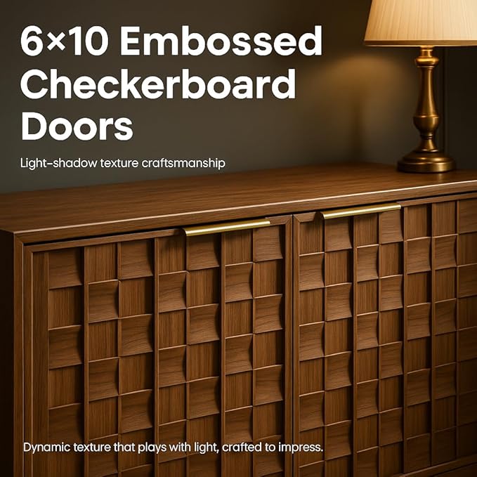 COLAMY 60" Sideboard Buffet Cabinet with Storage, Modern 4-Door Buffet Table with 3D Checkerboard Doors & Solid Wood Legs, Large Coffee Bar Cabinet for Dining Room, Living Room, Entryway, Espresso
