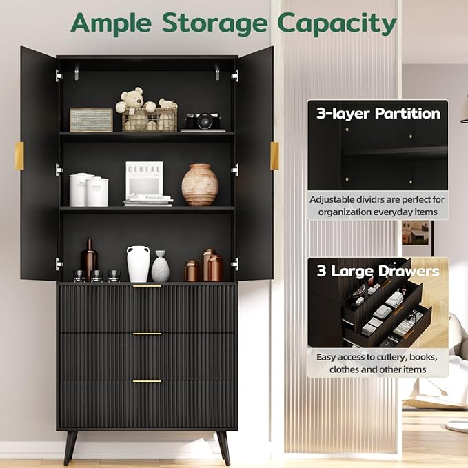 Tall Storage Cabinet, Kitchen Pantry Cabinet with Adjustable Shelves & Fluted Panel Design, Wood Cupboard with 3 Drawers 2 Doors, Tall Home Cupboard for Living Room, Kitchen, Black