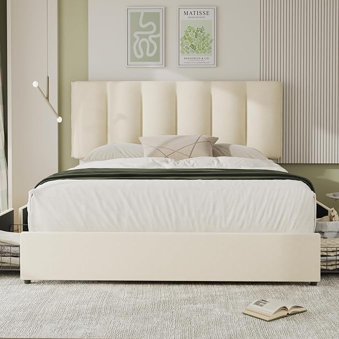 VECELO Full Size Bed Frame with 4 Storage Drawers, Adjustable Height Headboard, Heavy-Duty Platform Bedframe with Strong Wooden Slats, No Box Spring Needed, Pale Beige