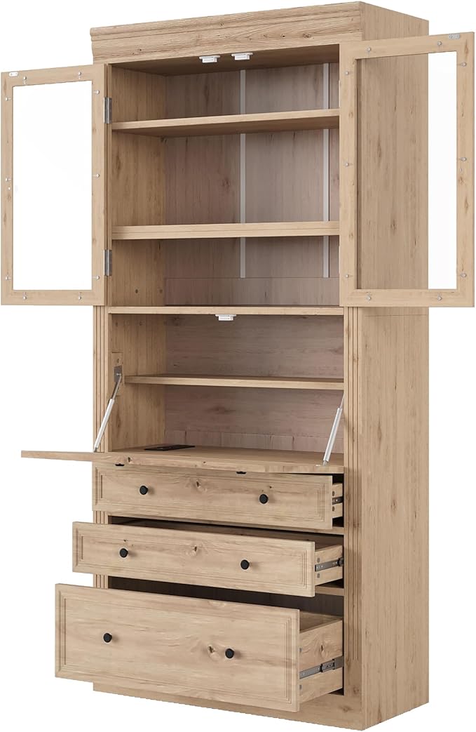 Merax 78 Inch Extra-Tall Freestanding Kitchen Pantry Storage Cabinet, Multifunctional Cupboard with 3 Drawers, Adjustable Shelves & Power Outlet Drop-Down Surface for Dining and Living Room, Natural