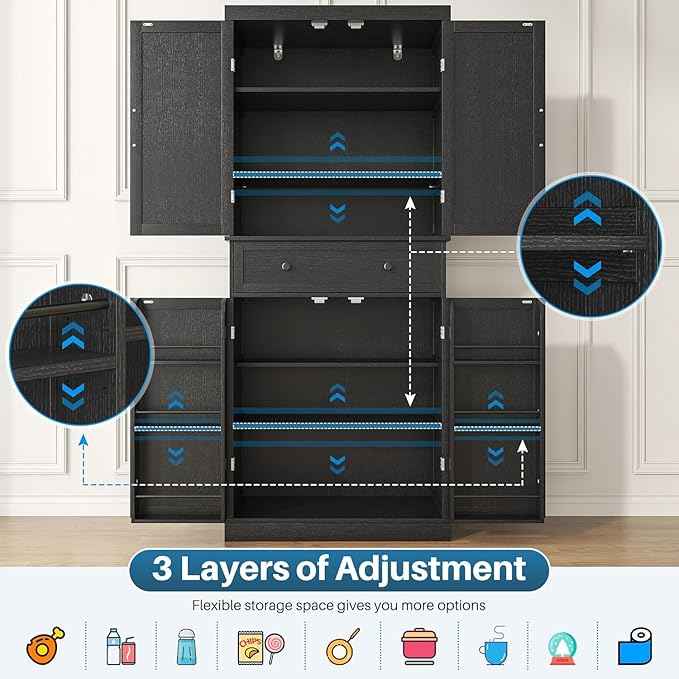 72" Tall Kitchen Pantry Cabinet, Black Pantry Storage Cabinet with Adjustable Shelves, Barn Doors and Drawer, Farmhouse Cupboard for Kitchen, Dining Room, Bathroom (16" D x 30" W x 72" H)