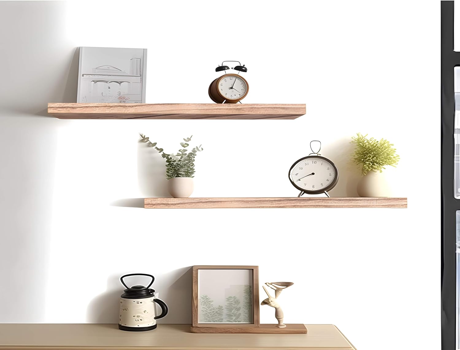 Wood Floating Shelves for Wall Decor, Rustic Wall Shelves for Bedroom Bathroom Kitchen Living Room, Set of 4 Light Walnut 24 Inch - Décor Diaries