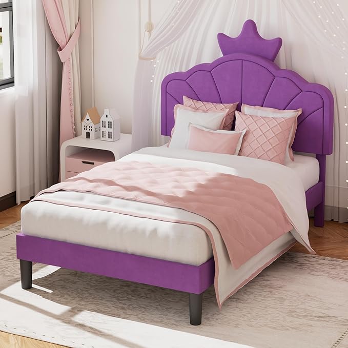VECELO Twin Size Bed Frame with Crown Headboard, Upholstered Platform Bedframe with Strong Wood Slat Supports, No Box Spring Needed, Purple