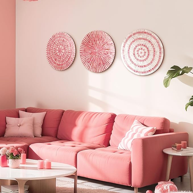 Tioncy 3 Pcs 11.8 Inches Modern Pink Mother of Pearl Shell Plate Preppy Coastal Pink Wall Art Mosaic Wall Sculpture Shell Handmade Hanging Plates Arts for Bedroom Bathroom Home Office Hotel