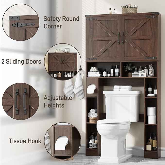 Vabches Over The Toilet Storage Cabinet, Farmhouse Storage Cabinet Over Toilet with 2 Barn Doors ，Toilet Paper Holder Stand，Home Space-Saving Toilet Rack, for Laundry, Restroom, Bathroom.Espresso.
