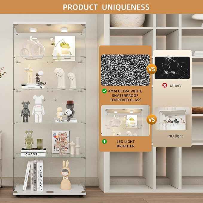 Beauty4U Glass Display Cabinet with Lights, 5 Shelves with 2 Doors, Curio Cabinets for Living Room, Bedroom, Office, White Floor Standing Glass Bookshelf, Quick Installation
