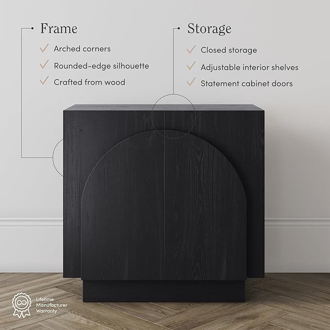 Nathan James Iris Mid-Century Modern Credenza, Black TV Stand, Living Room Wood Storage Cabinet with Arched Cabinet Doors, Black Credenza Cabinet for Kitchen or Living Room, Black Oak, Set of 2