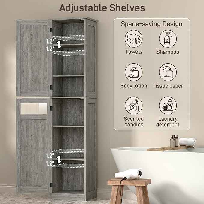 Vabches Tall Bathroom Cabinet, Slim Bathroom Storage Cabinet with Adjustable Shelves and 2 Doors, Narrow Floor Storage Cabinet for Bathrooms, Kitchen, Living Room, Rustic Grey