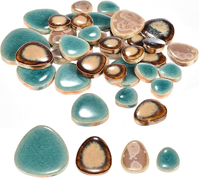 MECCANIXITY 200g Ceramic Mosaic Tiles for Crafts Bulk, Pebble Green and Coffee Ceramic Tiles for Mosaic Kits Garden Stepping Stone Cup Mat